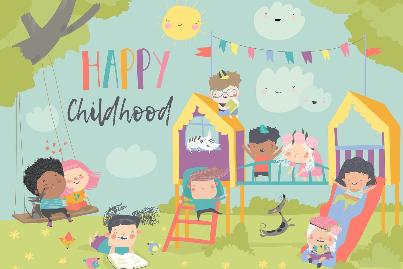 Children playing at playgroung. Vector illustratio