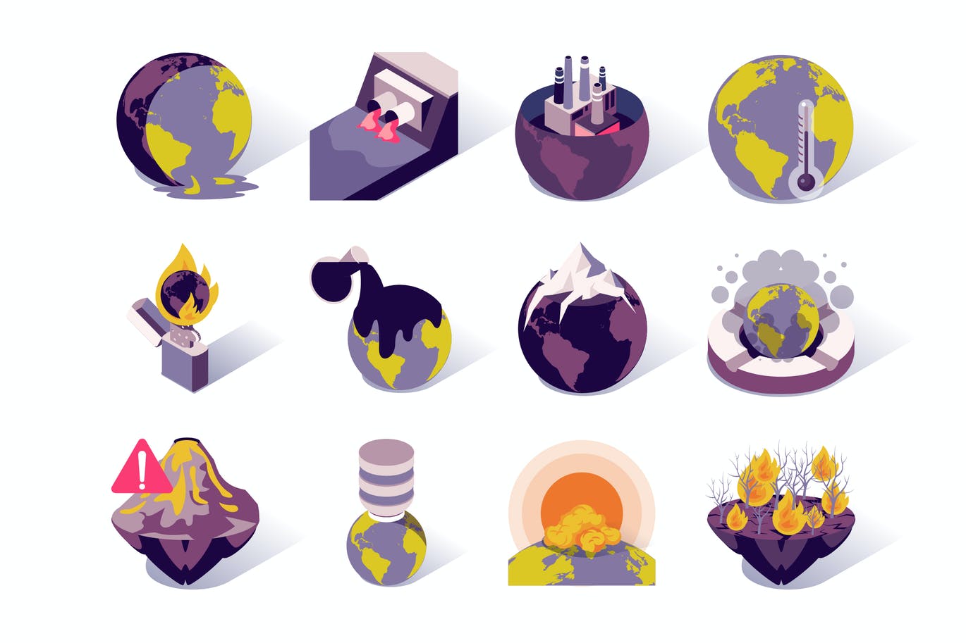 Global Warming Isometric Icons Set