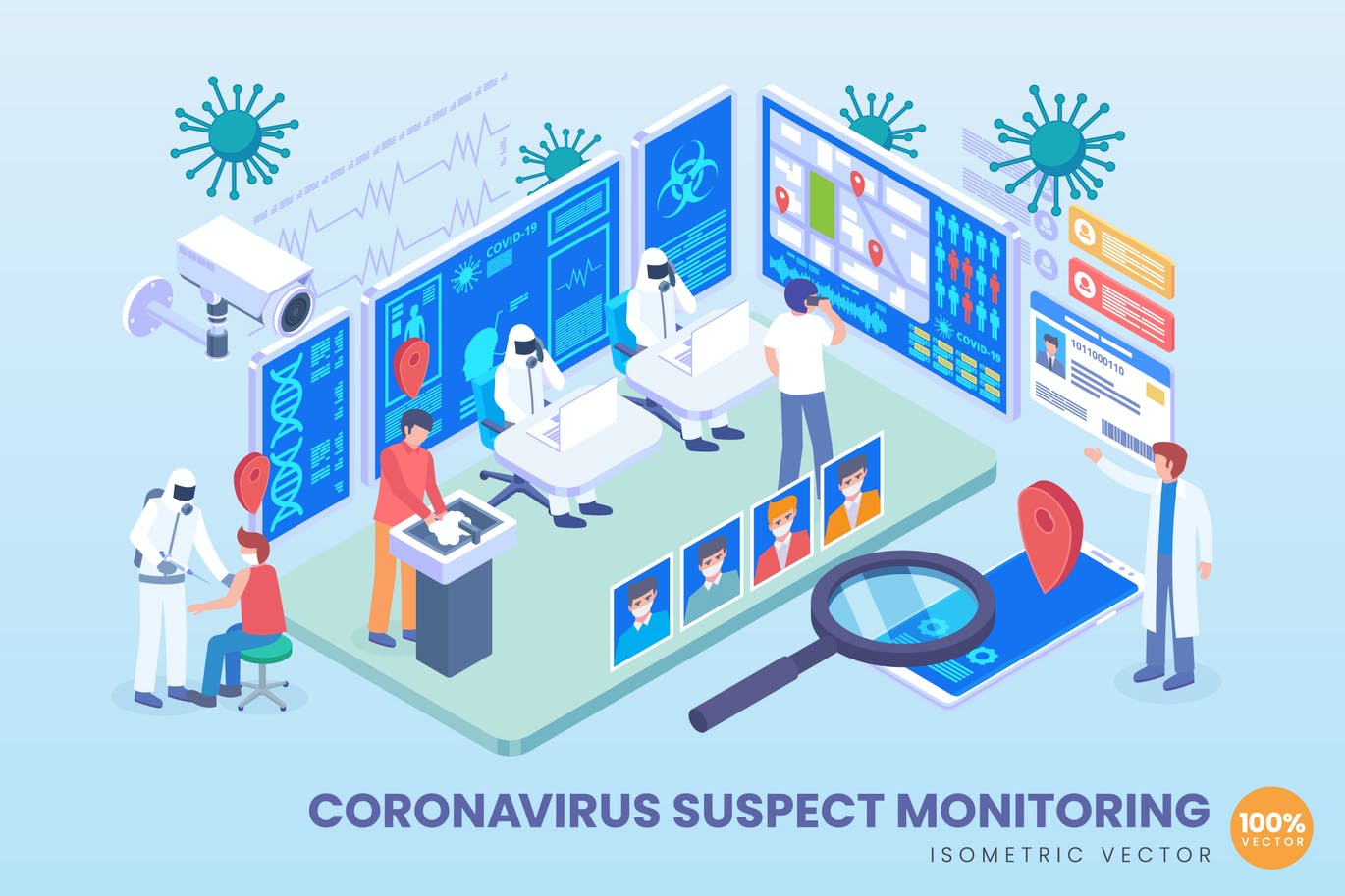 Isometric Coronavirus Suspect Monitoring Vector