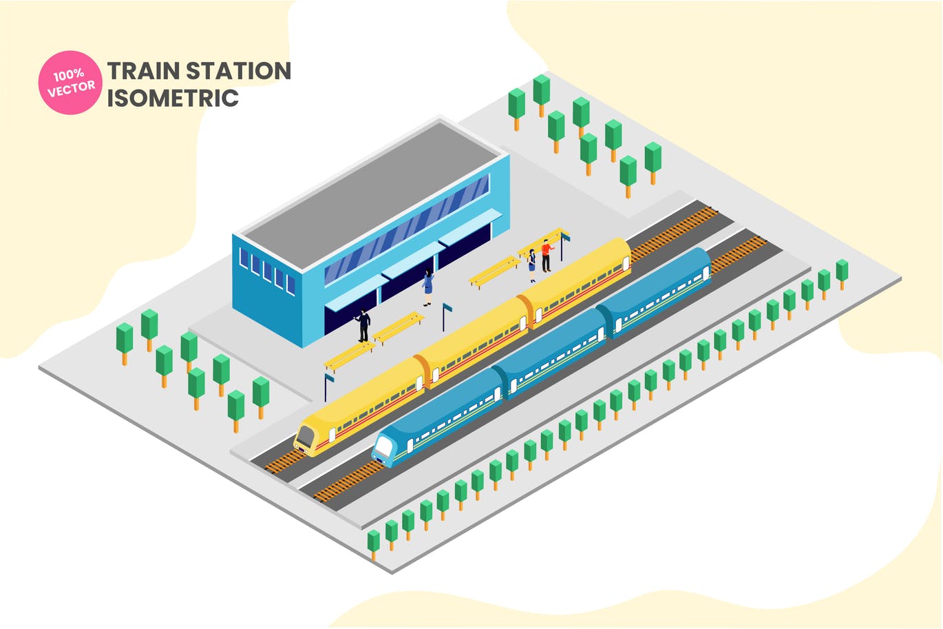 Isometric Train Station Vector Illustration