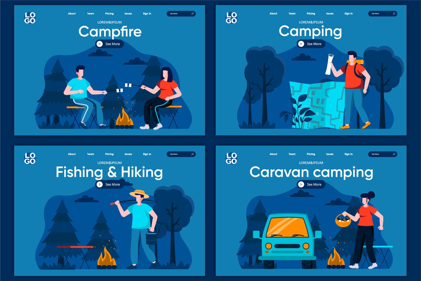 Caravan Camping Flat Concept Landing Page Template