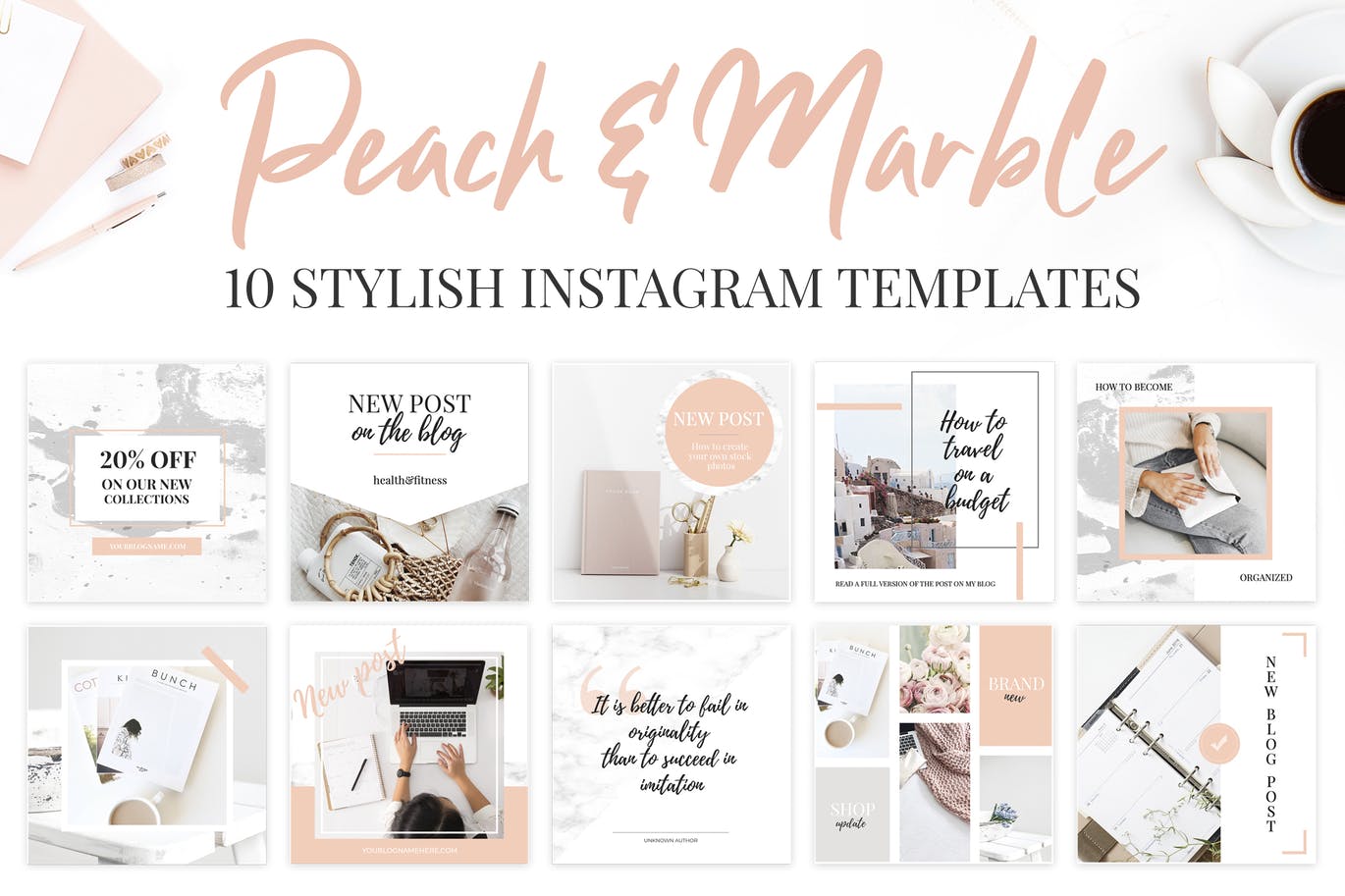 Instagram Templates. Peach & Marble
