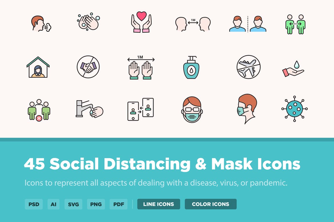 45 Social Distancing & Mask Icons