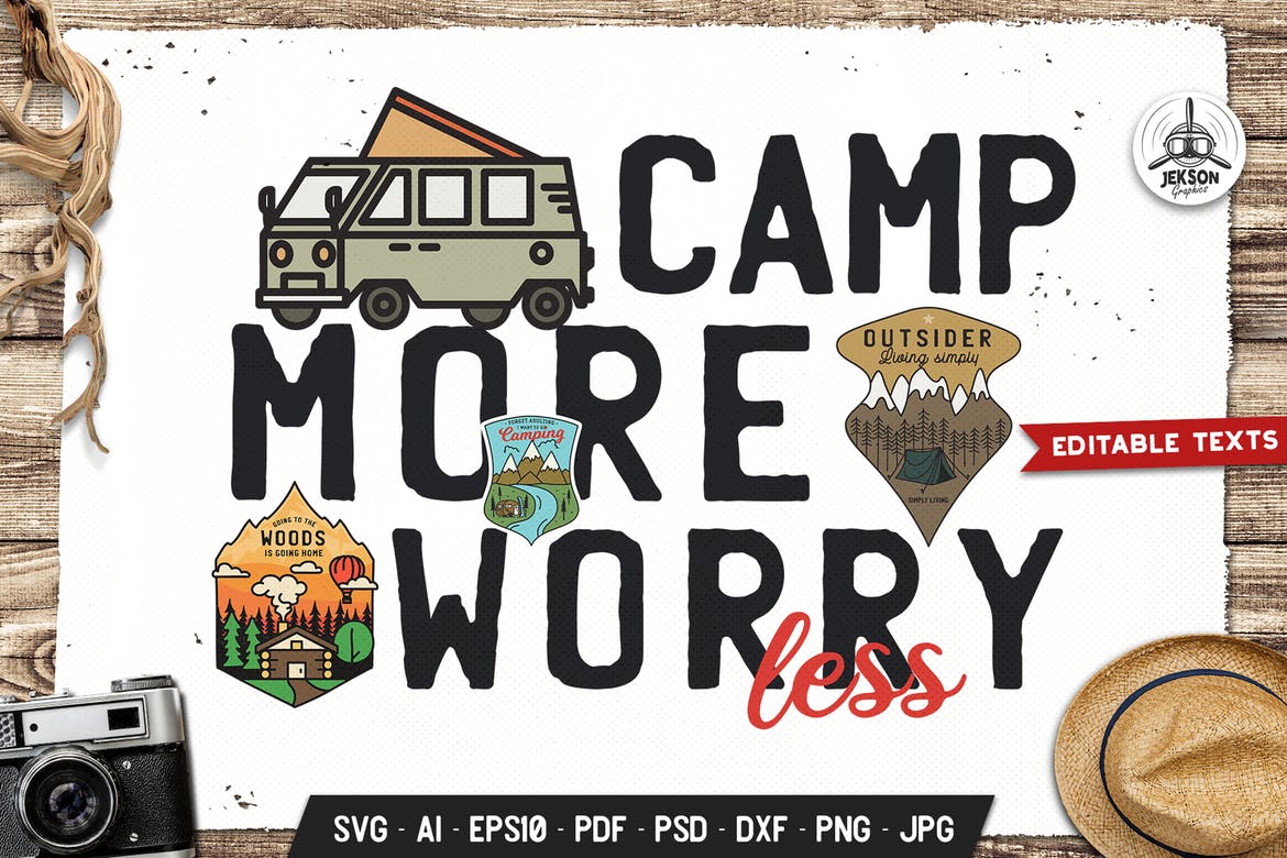 Camp More Worry Less Hike Badge Vector Retro Logo