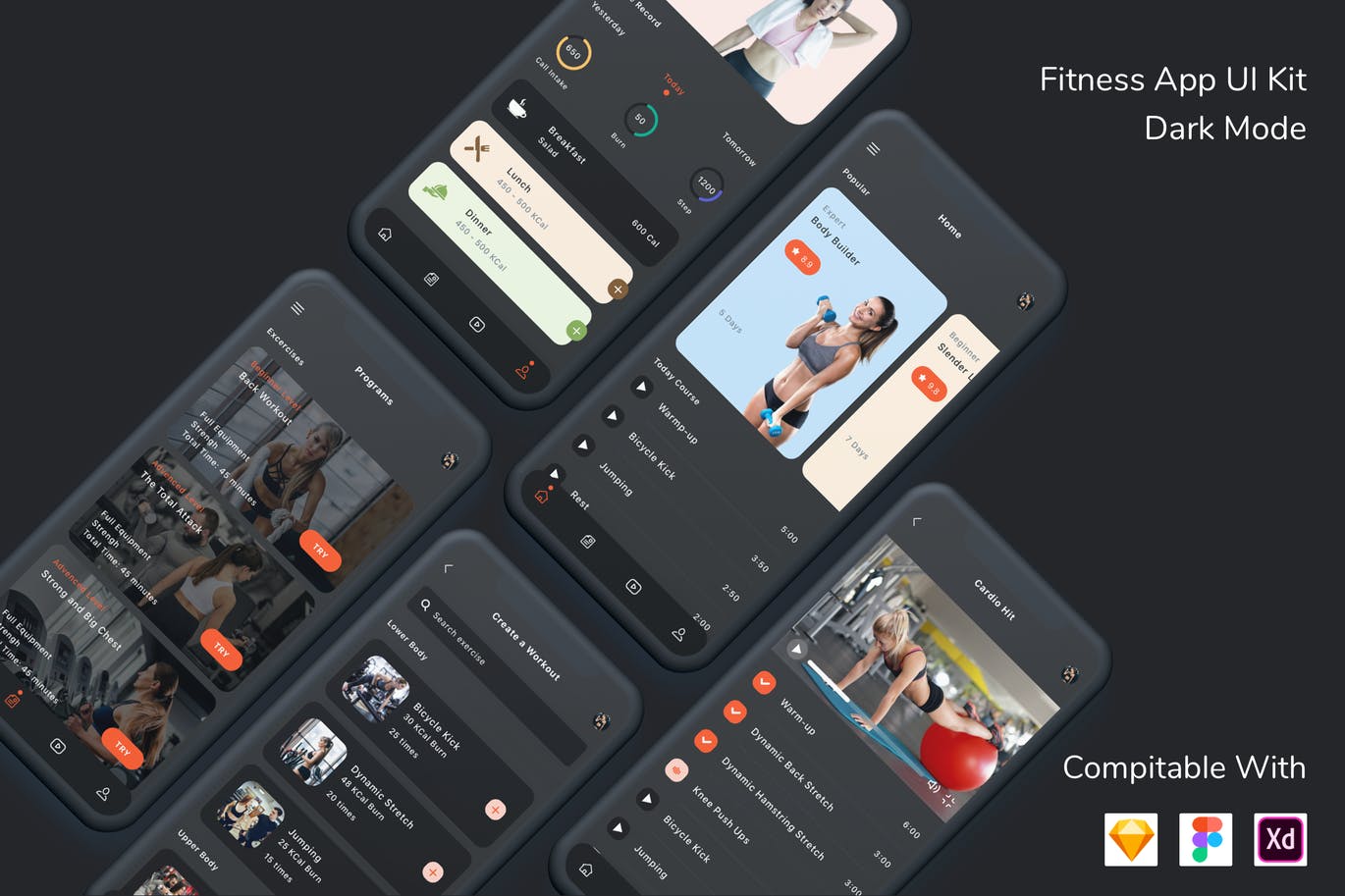 Fitness App UI Kit Dark Mode
