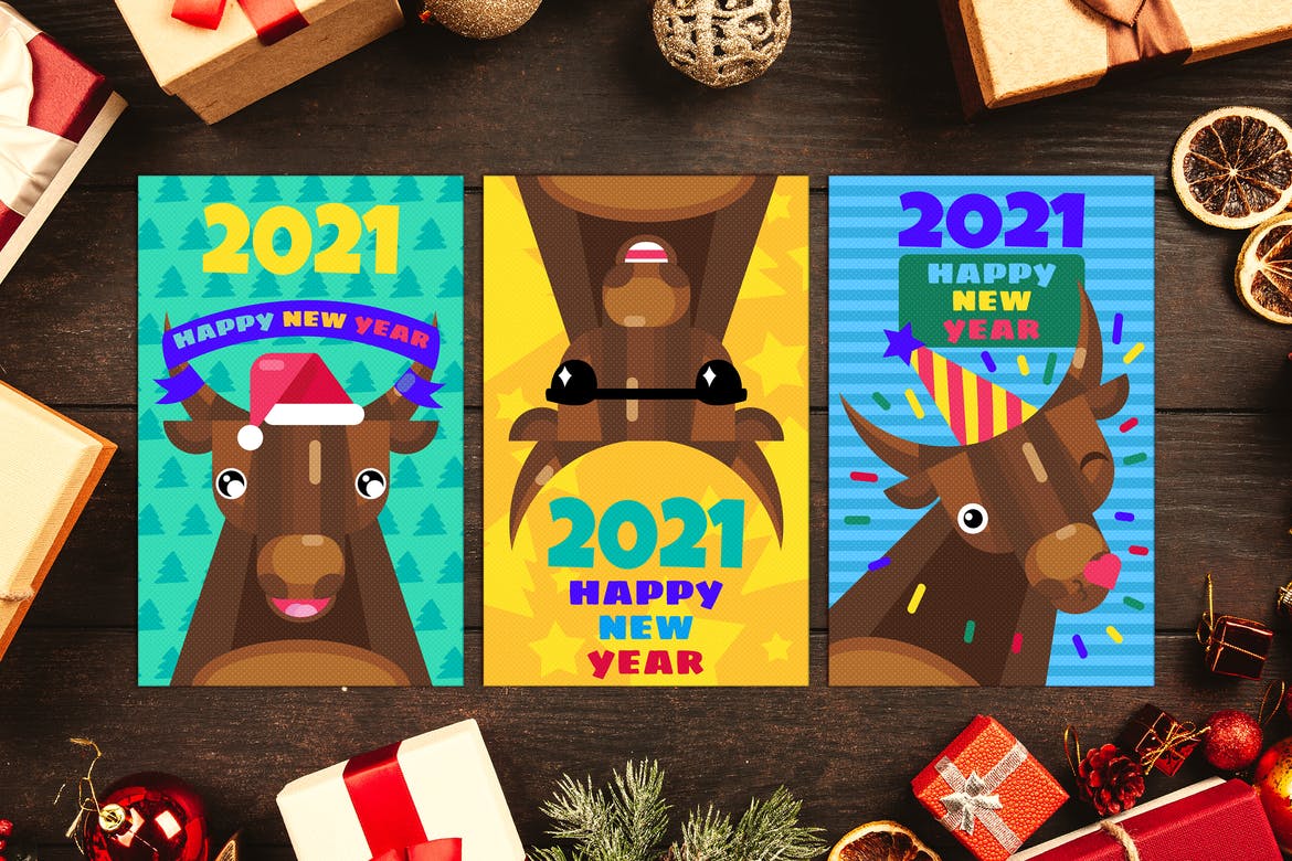 Happy New Year Greeting Cards Set With Bull