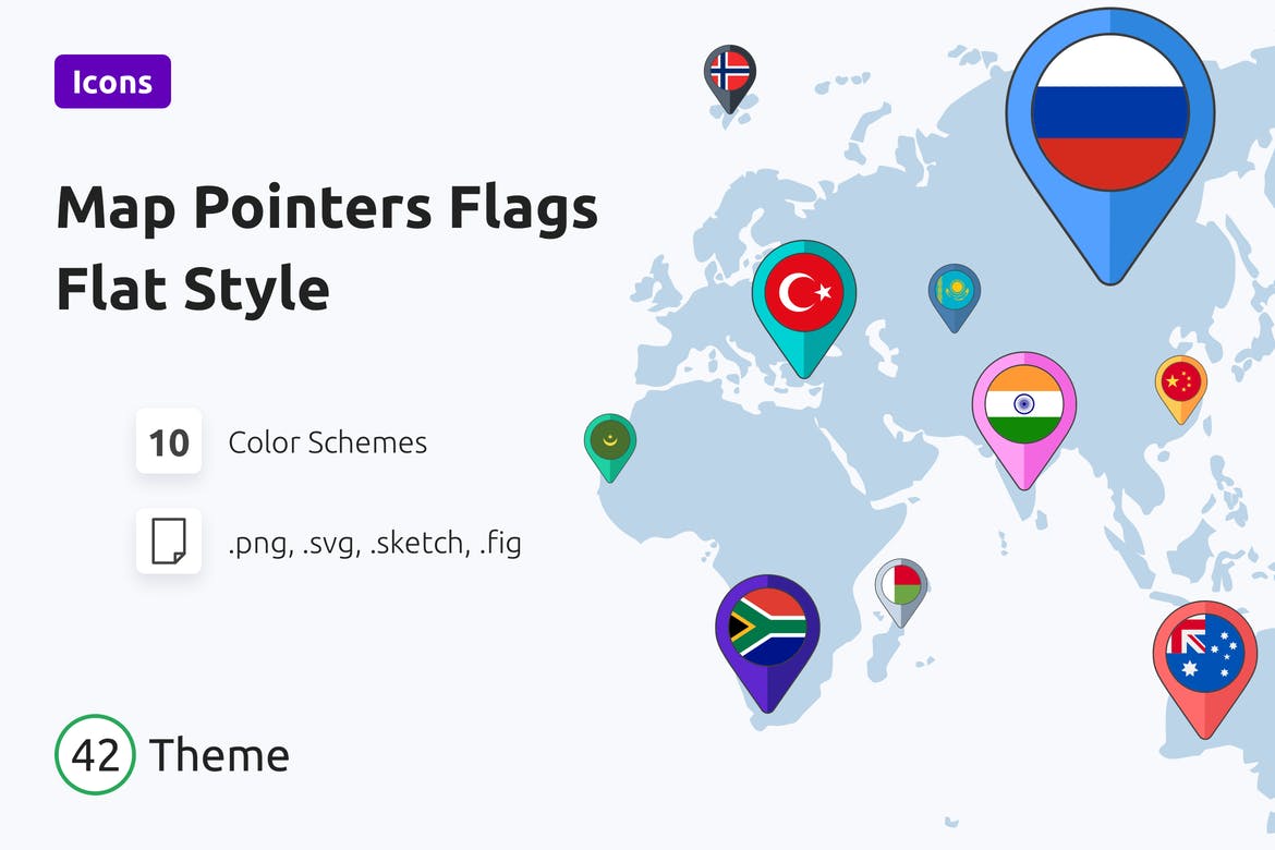 Map Pointers Flags Flat Style