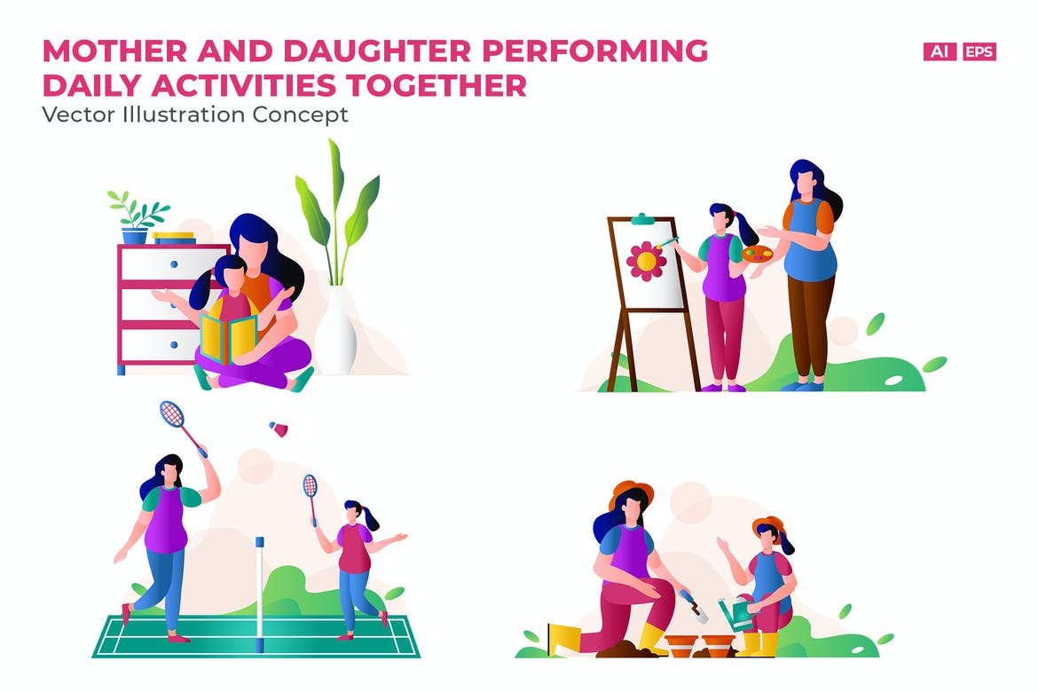 Mom and Daughter Activities Vector Character Set