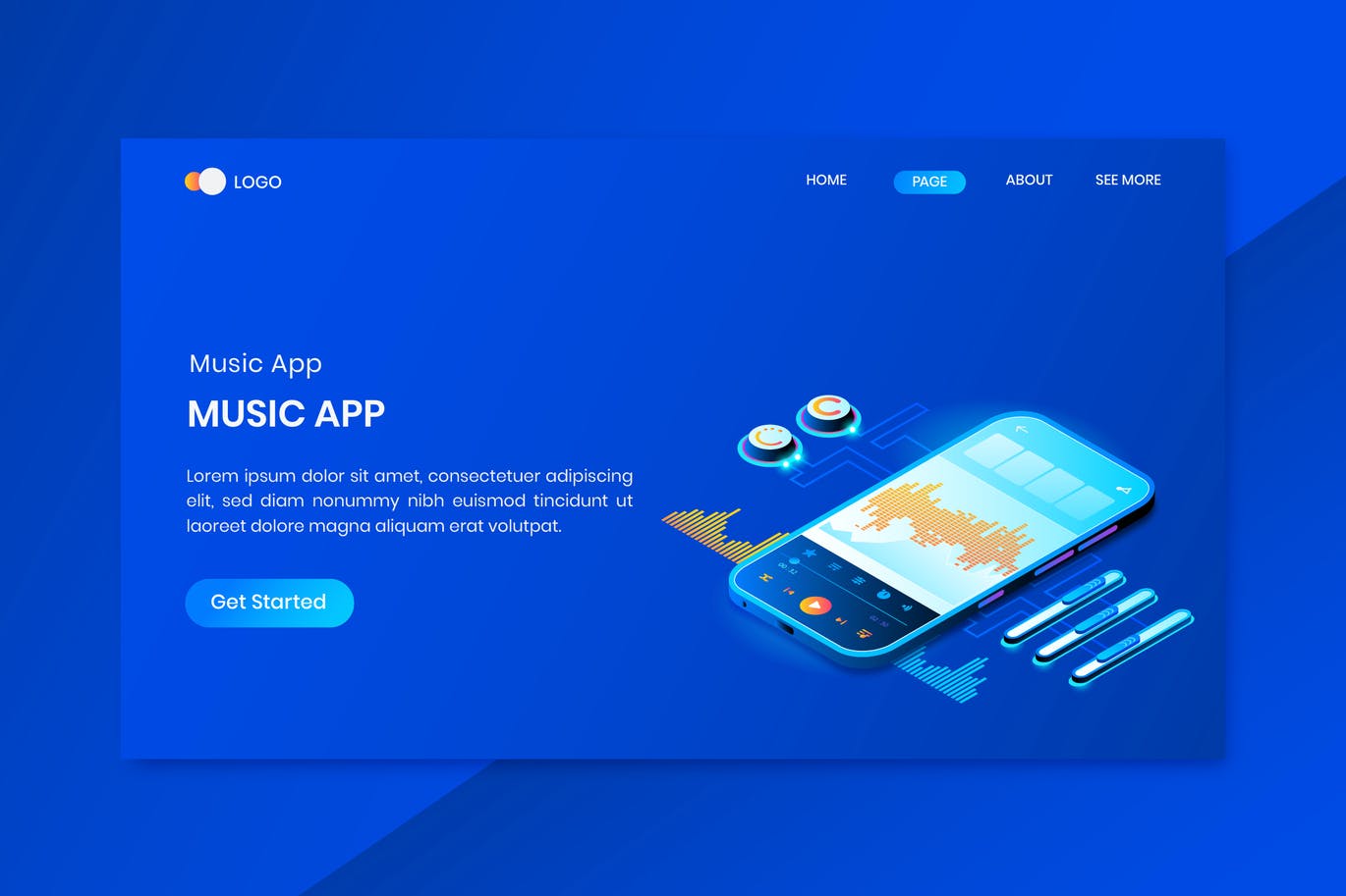 Neon Music App Isometric Concept Landing Page