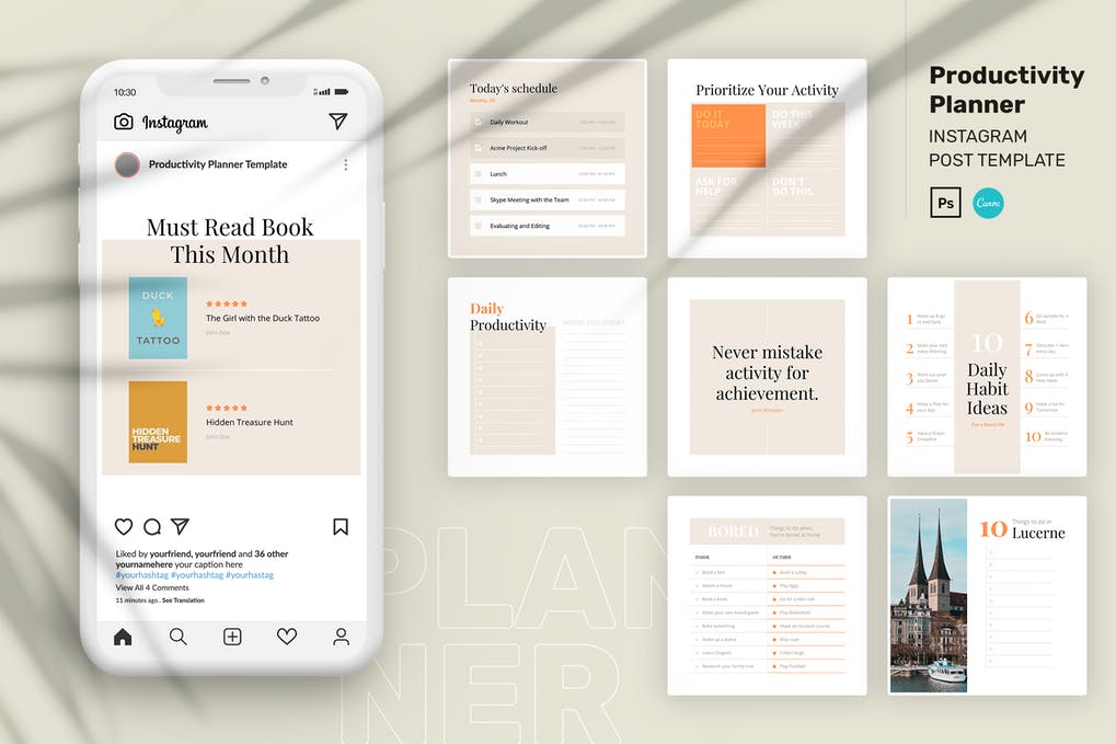 Productivity Planner Instagram Post Canva Template