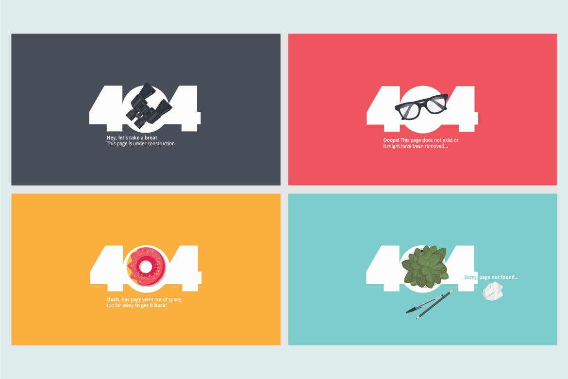 Set of flat designs for 404 error page