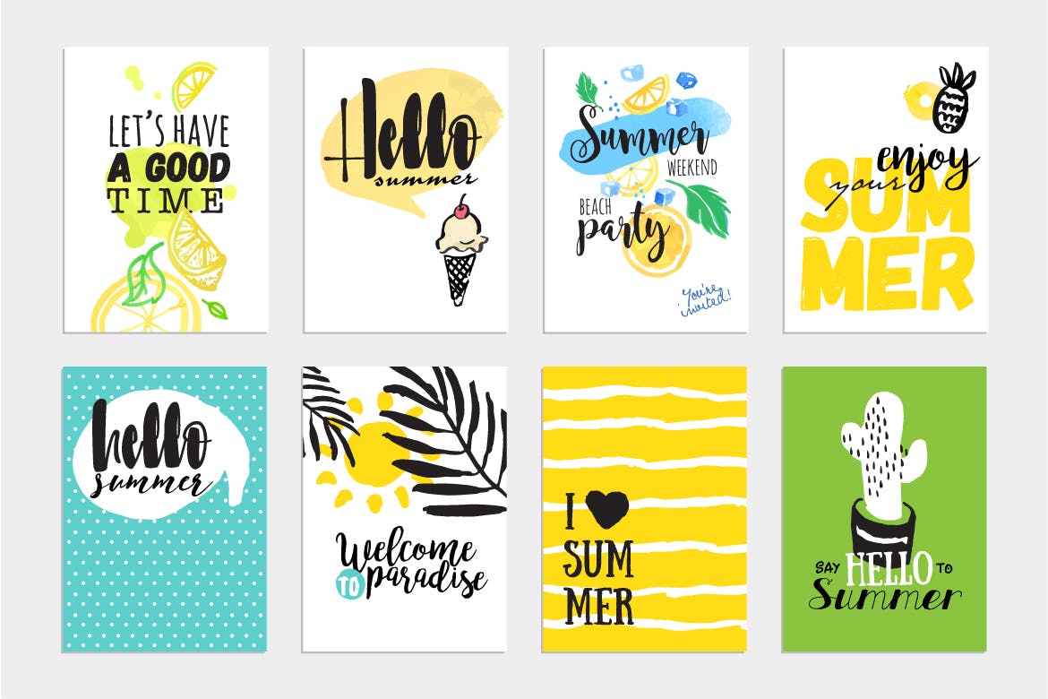 Set of hand drawn summer cards and banners.