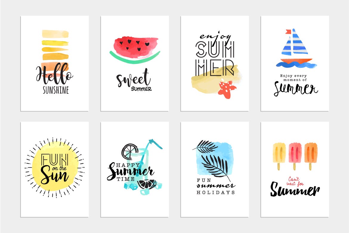 Set of hand drawn summer cards and banners