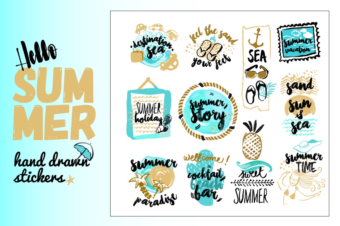 Set of hand drawn watercolor signs of summer.