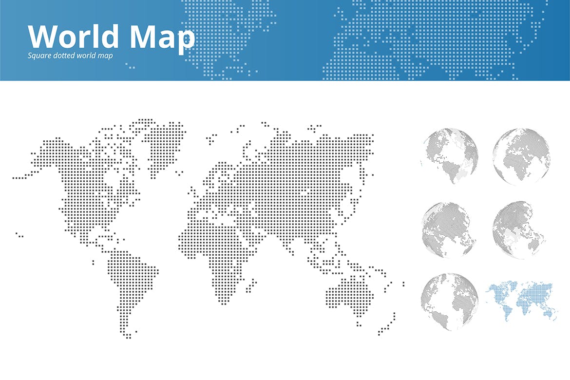 Square dotted world map and earth globes