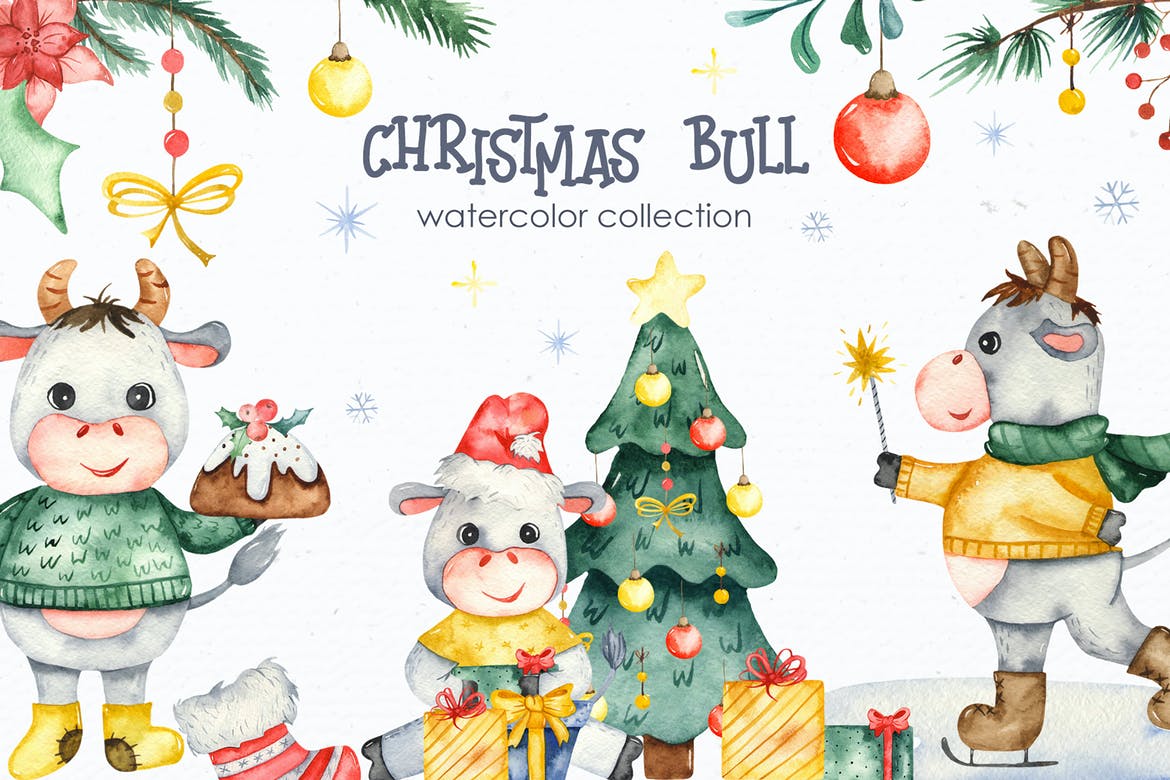Watercolor Christmas bulls