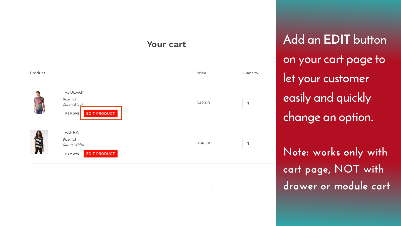 Edit product options in cart - change product options in the cart