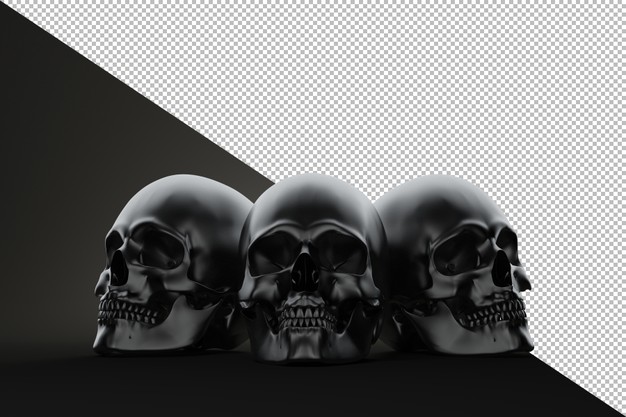 Three skull on the block still life render on black background
