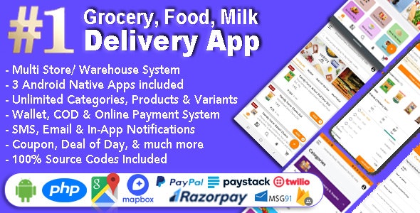 Grocery and Vegetable Delivery Android App with Admin Panel | Multi-Store with 3 Apps