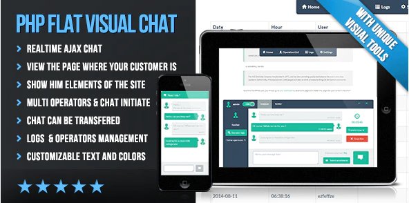 This unique chat allows you not only to communicate with your customers, but also to guide them through the pages of the site, showing them visually any element. Info: https://codecanyon.net/item/php-flat-visual-chat/8641929 FUNCTIONS AJAX live chat Beautiful, flat and responsive design Independent backend console Operators can initiate a chat View the page where your client is located. Operator management Chat log management Operators can visually show any element of the site to the client (through different pages). The operator can transfer the discussion to another online operator. The frontend texts are customizable: you can translate into your language If there is no operator on the network, a contact form appears Customizable Colors Sound alert for new message IP, country and city information about customers