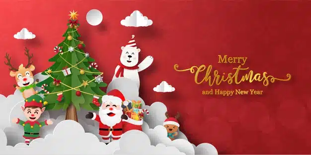 Christmas banner of santa claus and friends with christmas tree Premium Vector