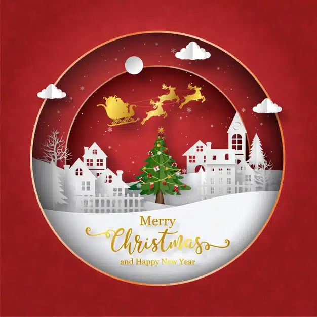 Christmas postcard of santa claus with sleigh on the sky in the village Premium Vector