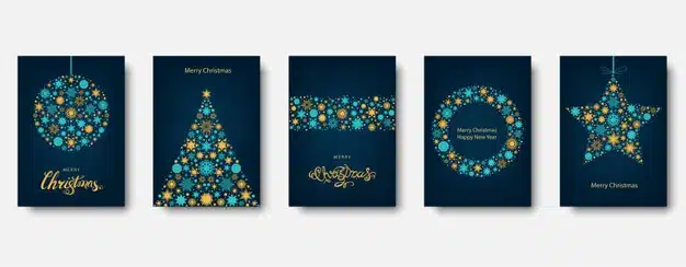 Christmas tree, ball with gold and blue holiday card. Premium Vector