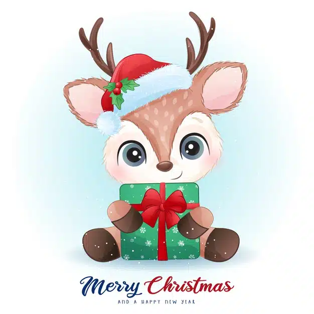 Cute deer for christmas day with watercolor illustration Premium Vector