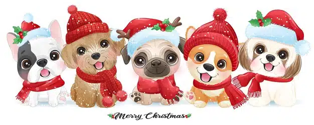 Cute doodle puppy for christmas with watercolor illustration Premium Vector