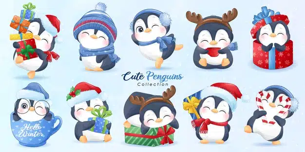 Cute penguins set for christmas day with watercolor illustration Premium Vector