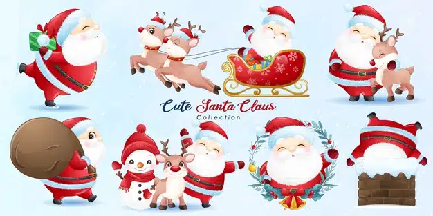 Cute santa claus and friends for christmas day with watercolor illustration Premium Vector
