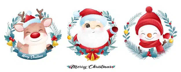 Cute santa claus and friends for christmas with watercolor banner Premium Vector