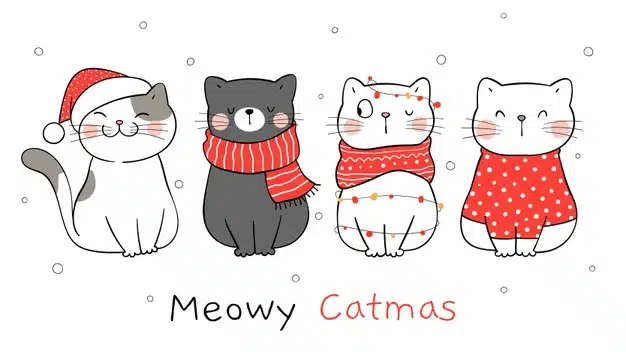 Draw banner cat for winter and christmas. Premium Vector