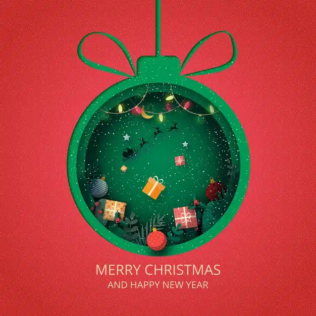 Merry christmas and happy new year.green christmas ball decorated with gift box and santa claus in sleigh. Premium Vector