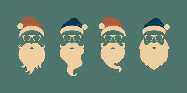 Set of faces with santa hats, mustache and beards. christmas santa design elements. holiday icons Premium Vector