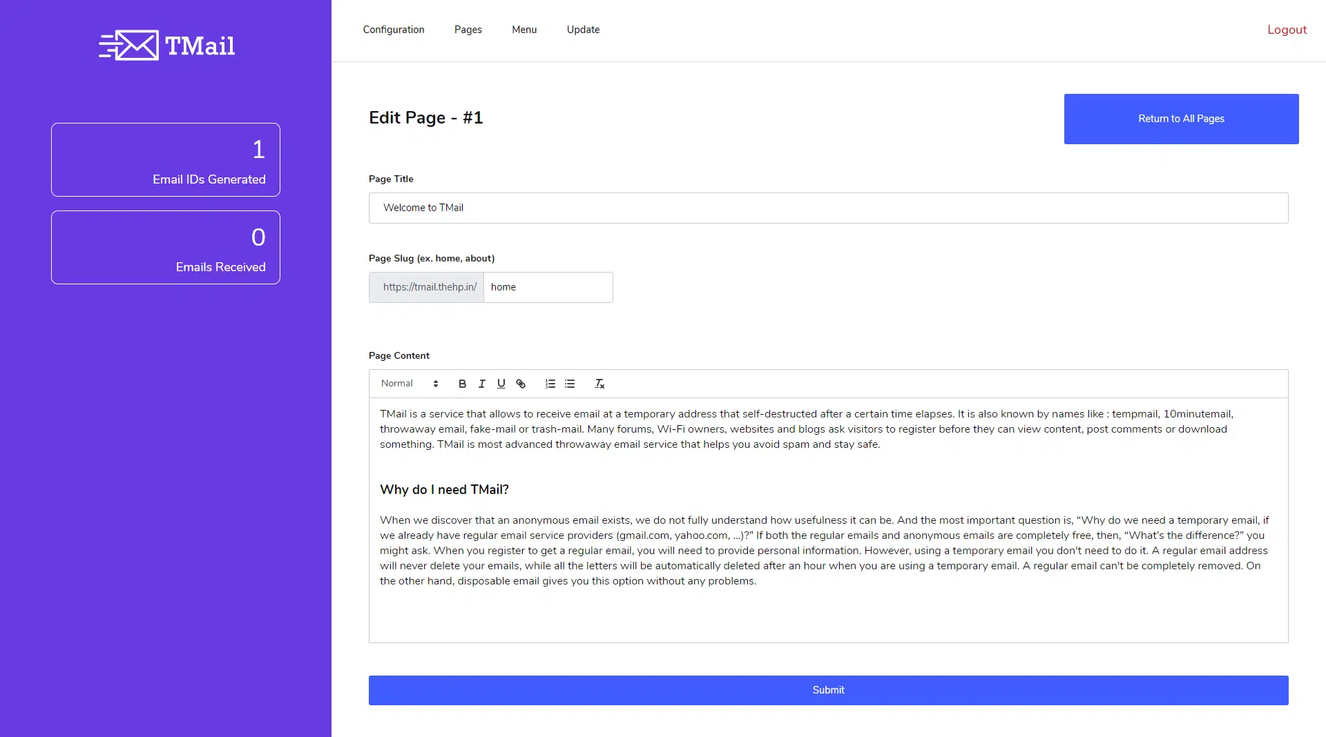 TMail v5.5 NULLED - temporary mail script with multiple domains