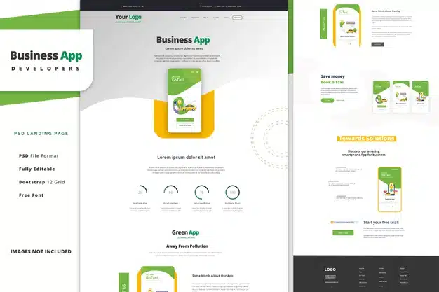 Business mobile app landing page template for car sharing Premium Psd