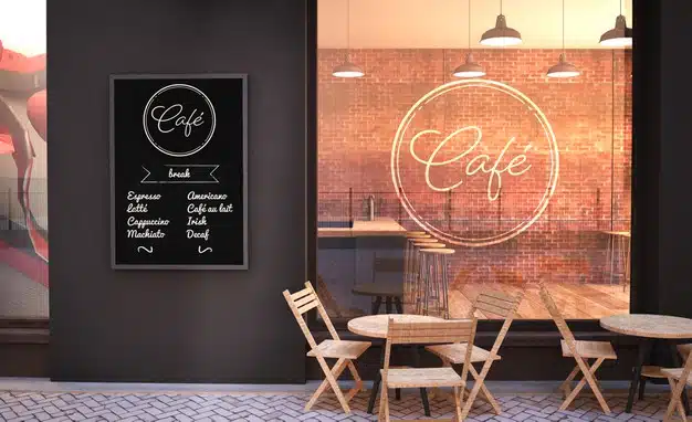 Cafe facade mockup with glass wall and poster 3d rendering Premium Psd