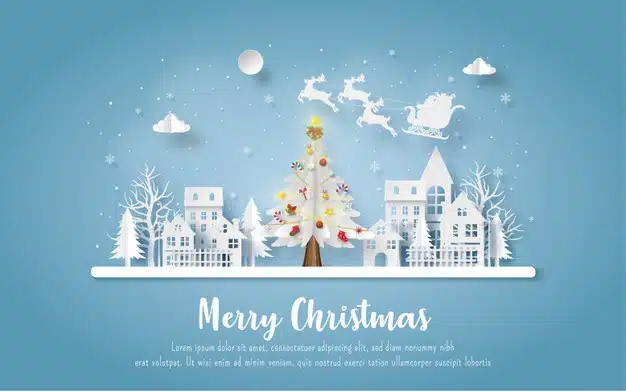 Christmas postcard with santa claus and reindeer coming to town Premium Vector