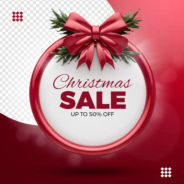 Christmas sale, up to 50% off, ribbon red and tree branches Premium Psd