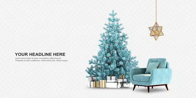 Christmas tree and armchair in 3d rendering Premium Psd