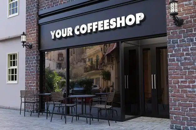 Coffee shop facade 3d logo mockup Premium Psd