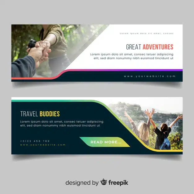 Colourful banners for travelling adventure with photo Premium Vector