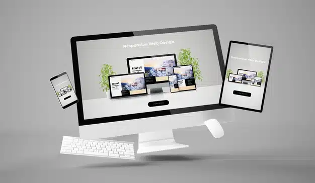 Computer, tablet and smartphone showing responsive website 3d rendering Premium Photo