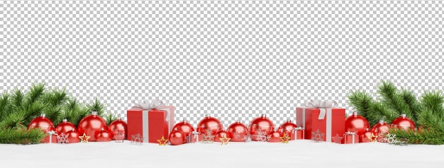 Cut out red christmas baubles and gifts lined up Premium Psd