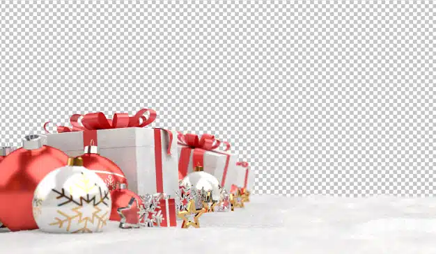 Cut out red christmas baubles and gifts on snow Premium Psd