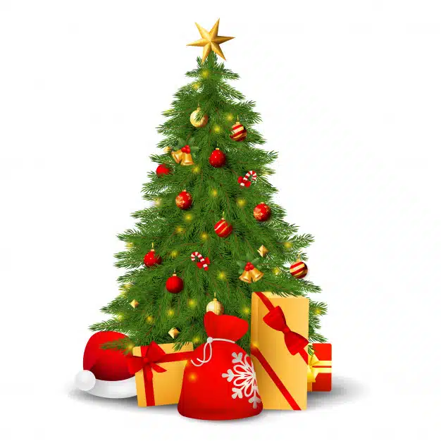 Fir tree with decorations, presents and santa hat Free Vector