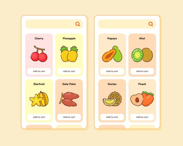 Fruit store ui or ux design for mobile apps template screen design with some fruit Premium Vector