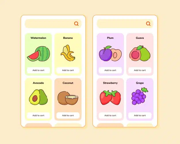 Fruit store ui or ux design for mobile apps template screen design with some fruit list Premium Vector