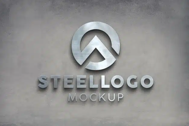 Galvanised steel silver logo mockup front 3d on wall Premium Psd